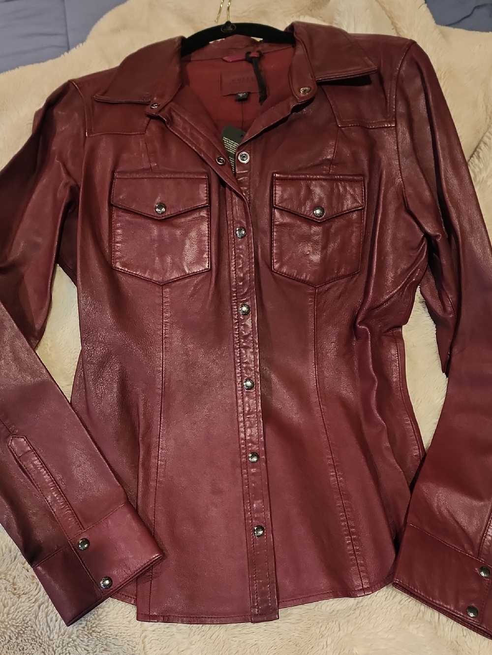 Guess Leather Button Up Shirt Red Medium Stunning Rare Find 😎
